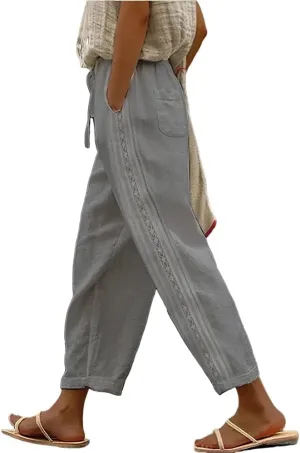 ZOCANIA Women's Summer Casual Linen Pants Elastic Waist Relaxed Fit Straight Leg Crop Pants Beach Trousers with Pockets