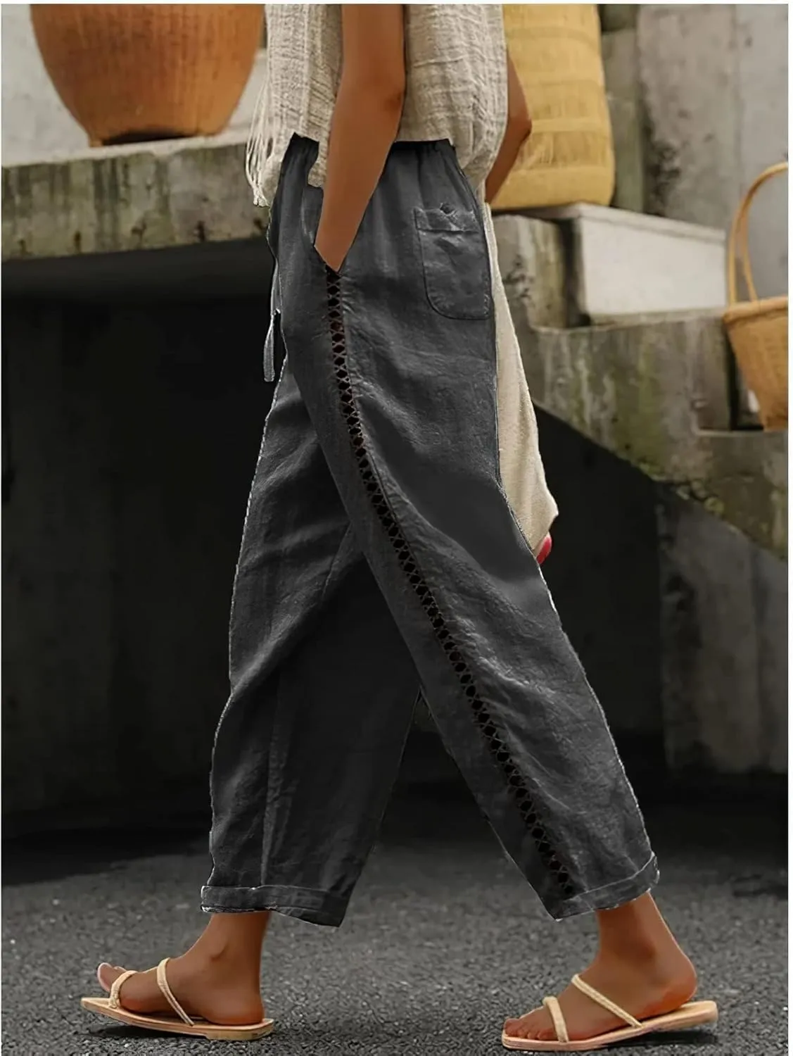 ZOCANIA Women's Summer Casual Linen Pants Elastic Waist Relaxed Fit Straight Leg Crop Pants Beach Trousers with Pockets