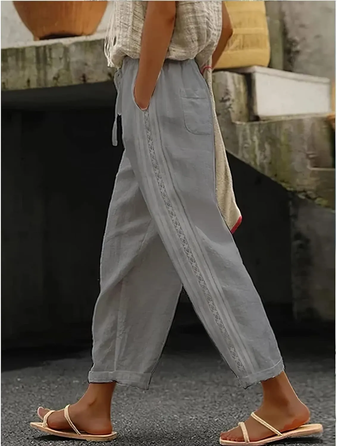 ZOCANIA Women's Summer Casual Linen Pants Elastic Waist Relaxed Fit Straight Leg Crop Pants Beach Trousers with Pockets