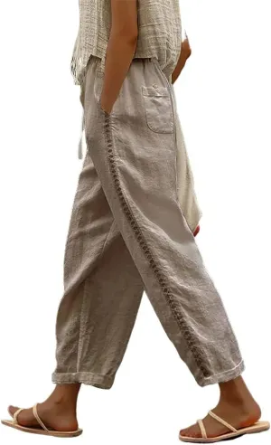 ZOCANIA Women's Summer Casual Linen Pants Elastic Waist Relaxed Fit Straight Leg Crop Pants Beach Trousers with Pockets