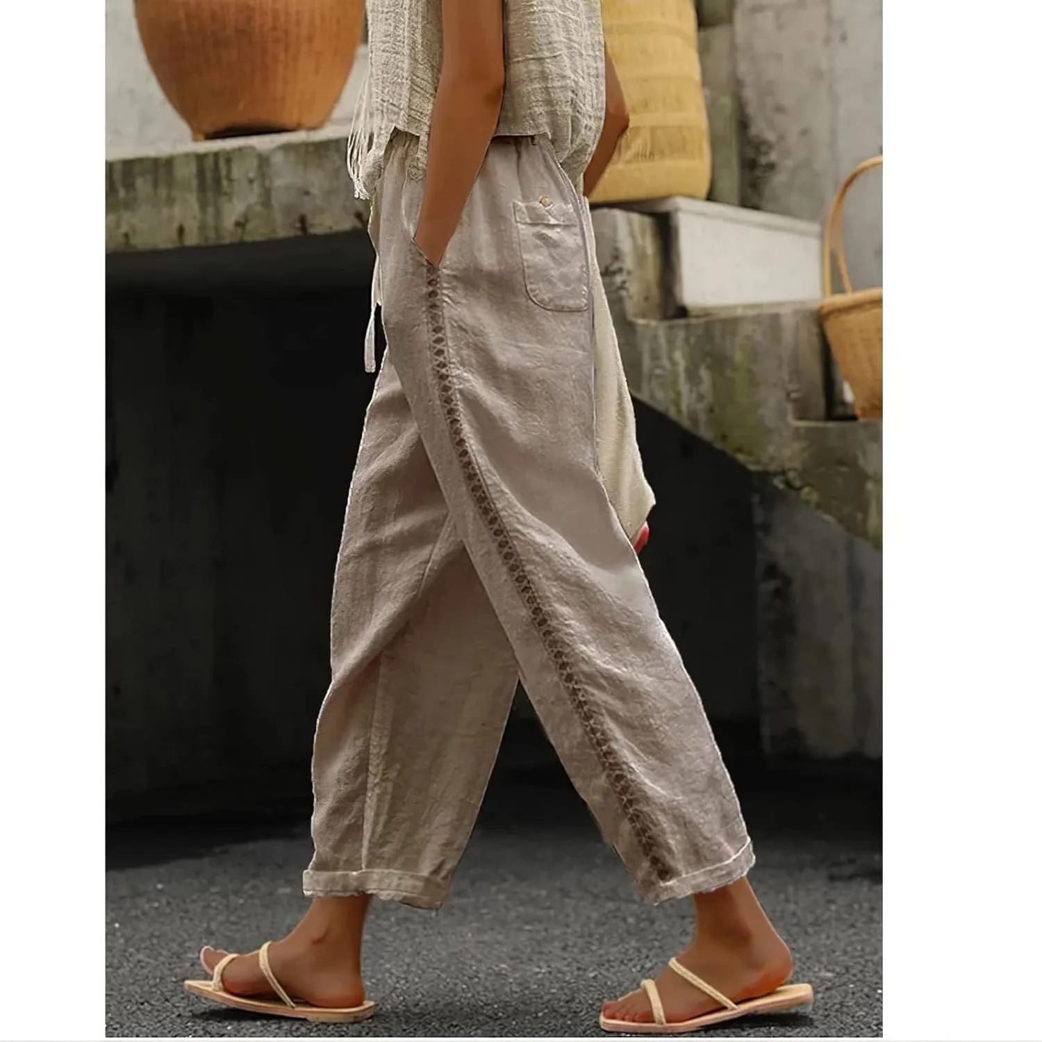ZOCANIA Women's Summer Casual Linen Pants Elastic Waist Relaxed Fit Straight Leg Crop Pants Beach Trousers with Pockets