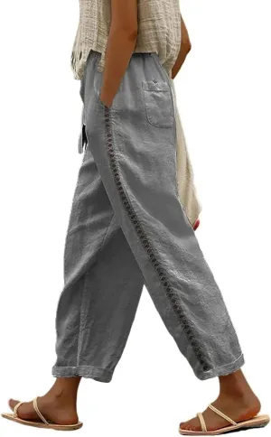ZOCANIA Women's Summer Casual Linen Pants Elastic Waist Relaxed Fit Straight Leg Crop Pants Beach Trousers with Pockets