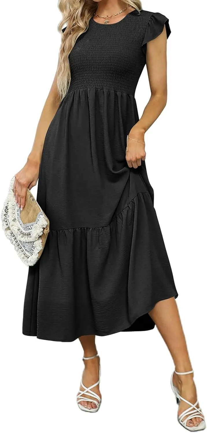 ZWRXW Maxi Dresses for Women Summer Ruffle Cap Sleeve Dress Smocked High Waist Flowy A Line Tiered Long Dress with Pockets