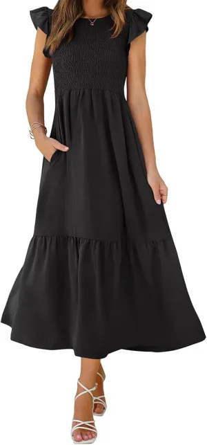 ZWRXW Maxi Dresses for Women Summer Ruffle Cap Sleeve Dress Smocked High Waist Flowy A Line Tiered Long Dress with Pockets