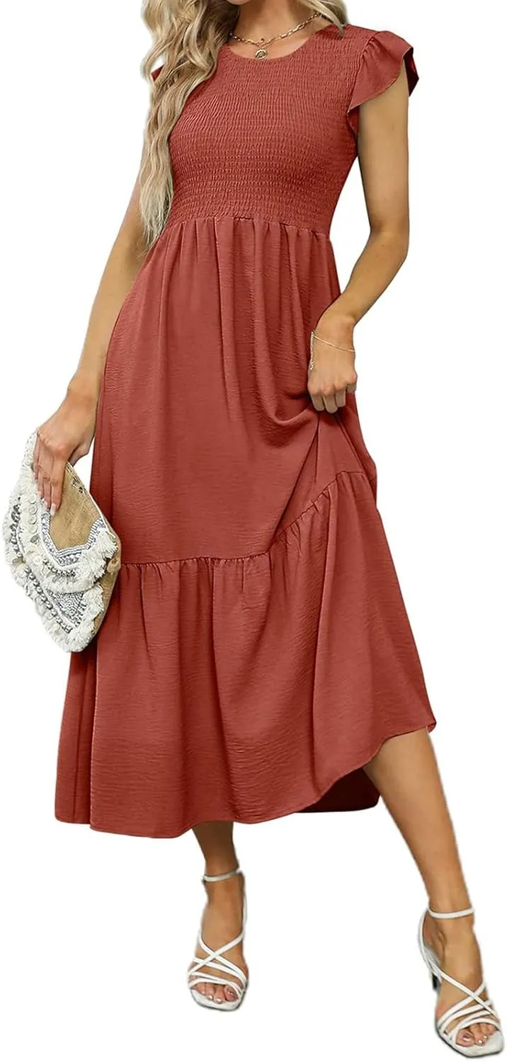 ZWRXW Maxi Dresses for Women Summer Ruffle Cap Sleeve Dress Smocked High Waist Flowy A Line Tiered Long Dress with Pockets