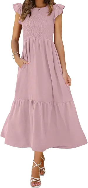 ZWRXW Maxi Dresses for Women Summer Ruffle Cap Sleeve Dress Smocked High Waist Flowy A Line Tiered Long Dress with Pockets