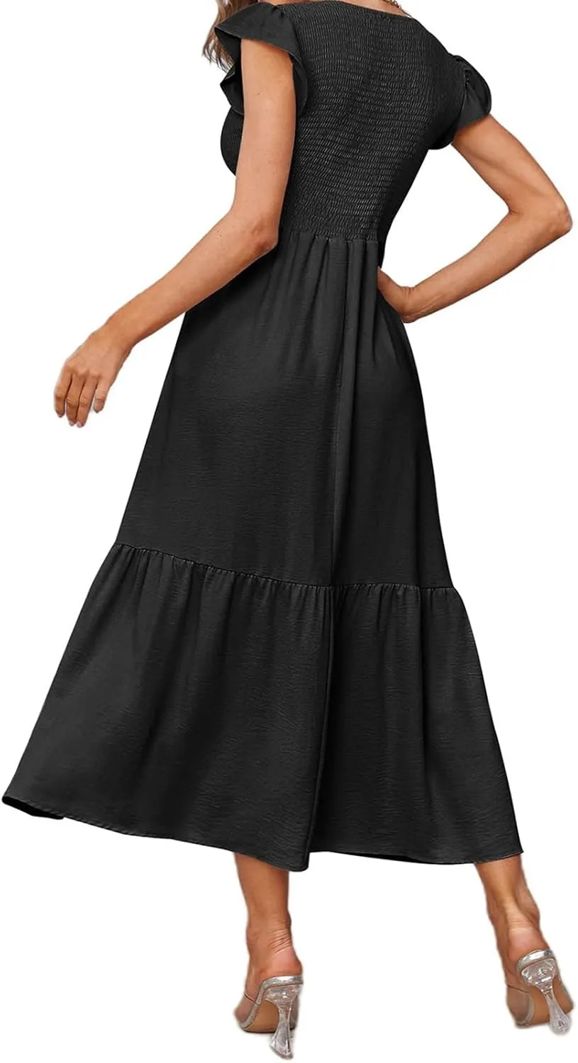 ZWRXW Maxi Dresses for Women Summer Ruffle Cap Sleeve Dress Smocked High Waist Flowy A Line Tiered Long Dress with Pockets