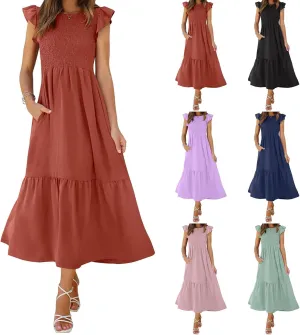 ZWRXW Maxi Dresses for Women Summer Ruffle Cap Sleeve Dress Smocked High Waist Flowy A Line Tiered Long Dress with Pockets