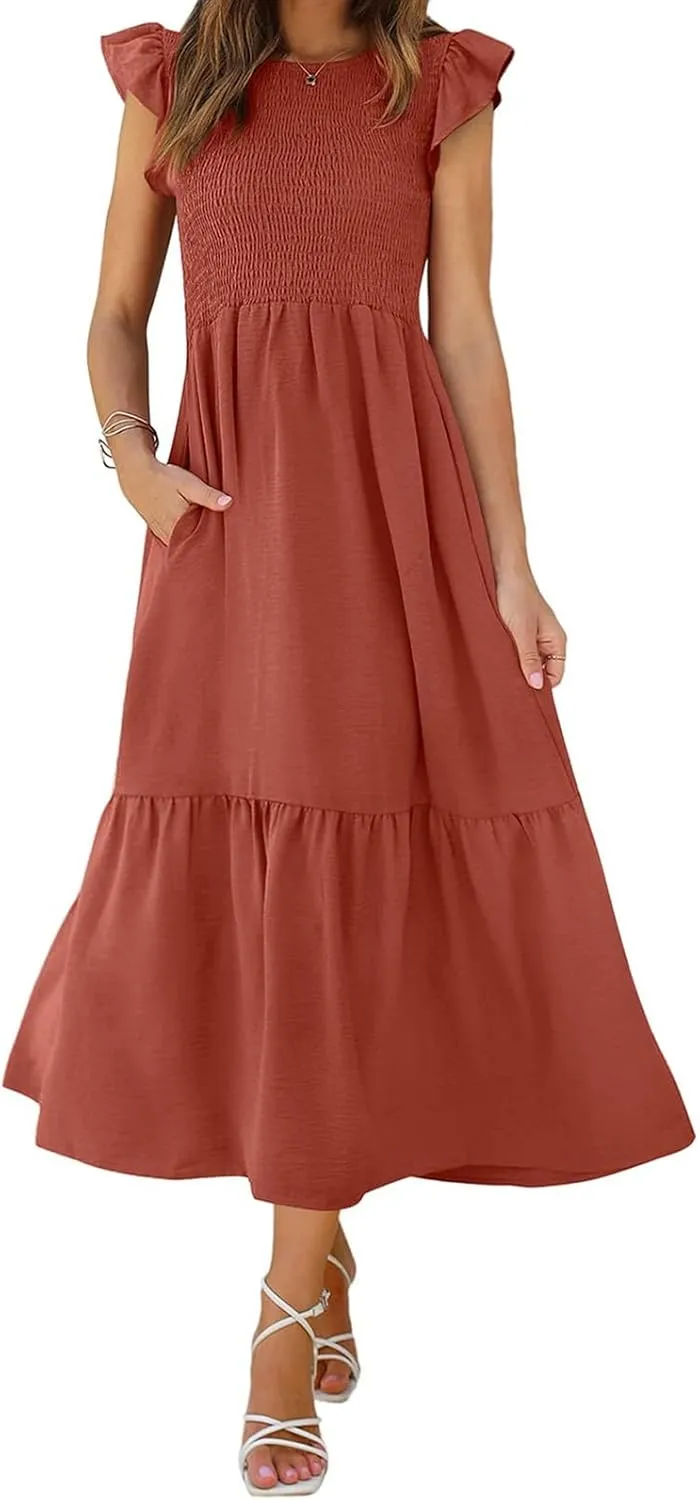 ZWRXW Maxi Dresses for Women Summer Ruffle Cap Sleeve Dress Smocked High Waist Flowy A Line Tiered Long Dress with Pockets