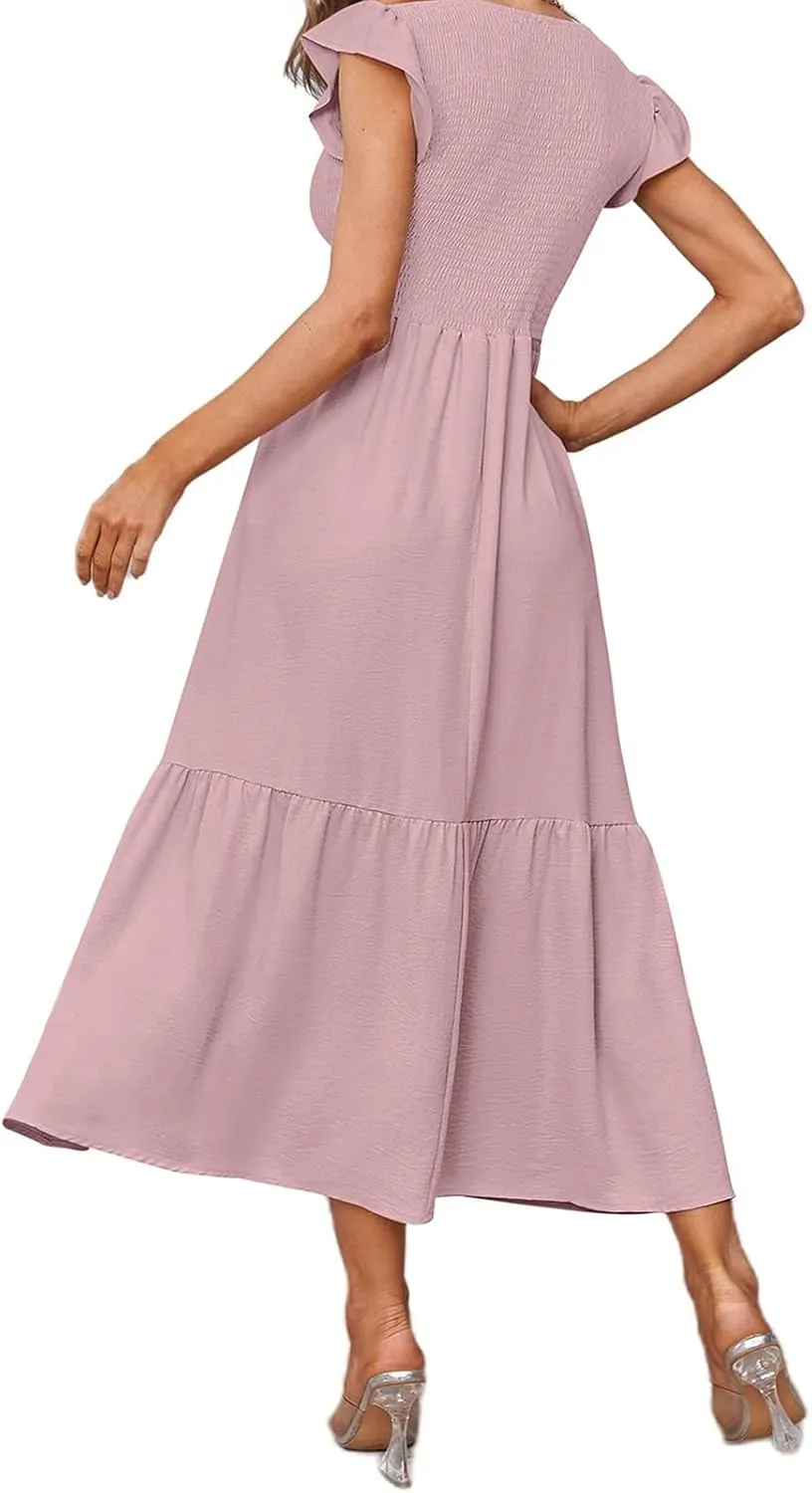 ZWRXW Maxi Dresses for Women Summer Ruffle Cap Sleeve Dress Smocked High Waist Flowy A Line Tiered Long Dress with Pockets