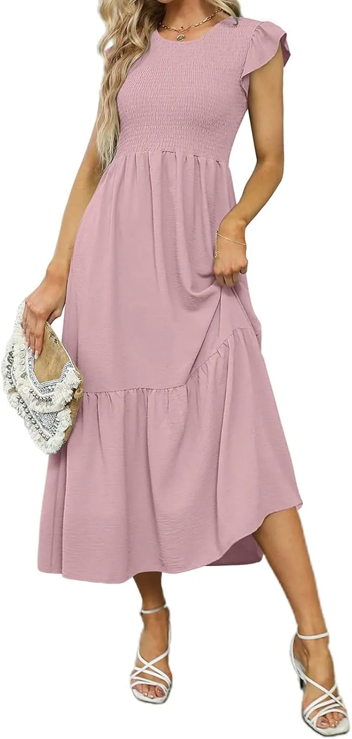 ZWRXW Maxi Dresses for Women Summer Ruffle Cap Sleeve Dress Smocked High Waist Flowy A Line Tiered Long Dress with Pockets