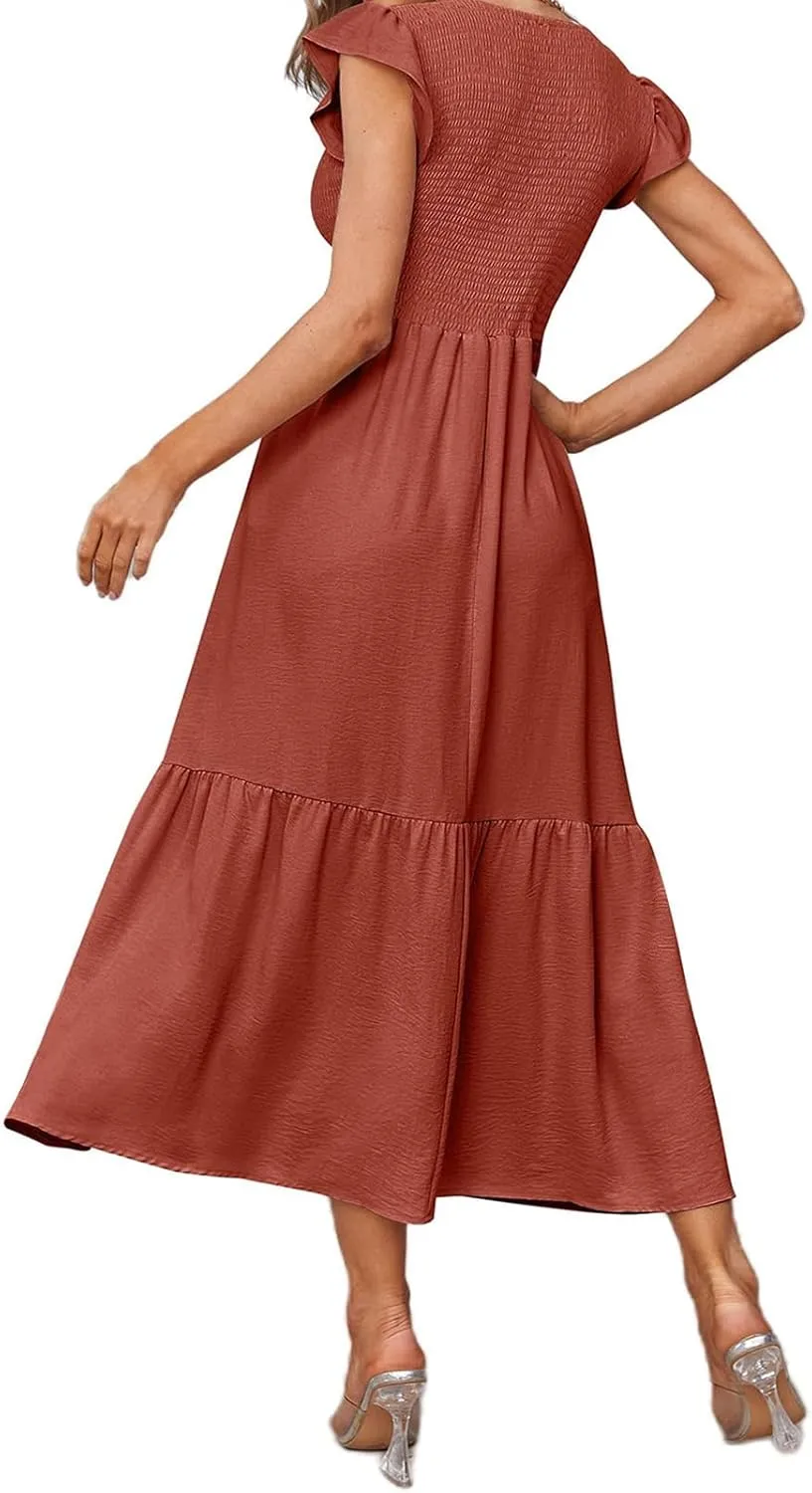 ZWRXW Maxi Dresses for Women Summer Ruffle Cap Sleeve Dress Smocked High Waist Flowy A Line Tiered Long Dress with Pockets