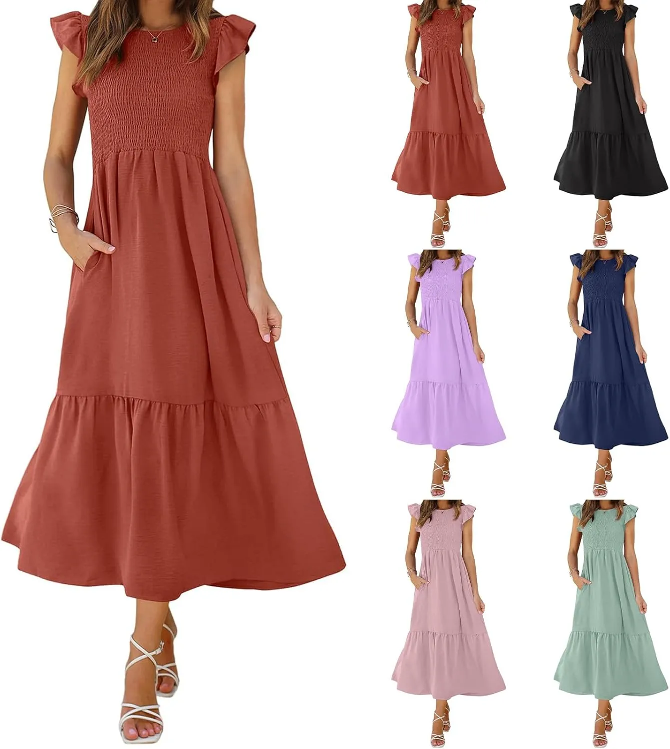 ZWRXW Maxi Dresses for Women Summer Ruffle Cap Sleeve Dress Smocked High Waist Flowy A Line Tiered Long Dress with Pockets