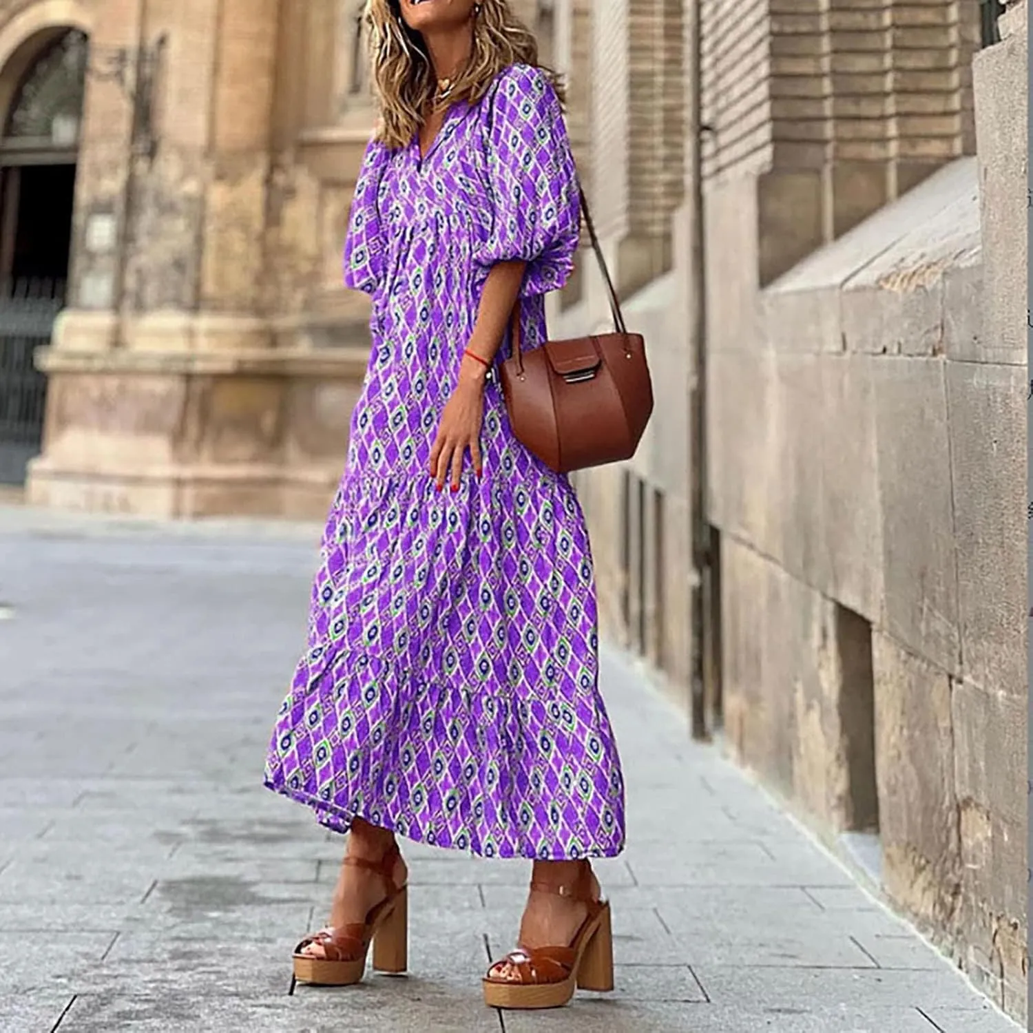 ZWRXW Plus Size Boho Maxi Dress for Women Loose Bohemian Floral Dress Half Sleeve Flowy A Line Long Dress Beach Swing Dress