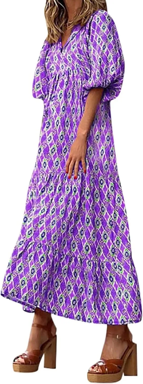 ZWRXW Plus Size Boho Maxi Dress for Women Loose Bohemian Floral Dress Half Sleeve Flowy A Line Long Dress Beach Swing Dress
