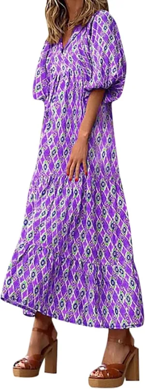 ZWRXW Plus Size Boho Maxi Dress for Women Loose Bohemian Floral Dress Half Sleeve Flowy A Line Long Dress Beach Swing Dress
