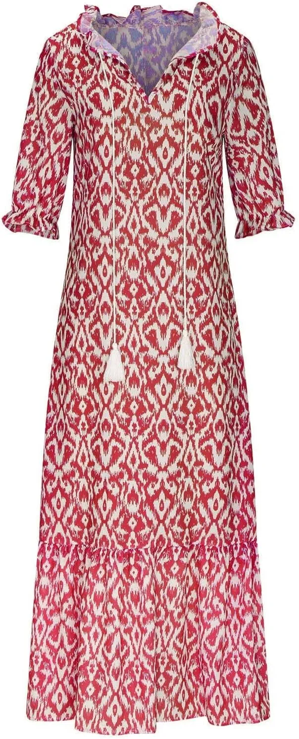 ZWRXW Women Boho Summer Dress Tassel V Neck Ruffle Flowy A-Line Maxi Dresses Short Sleeve Casual Long Dress Beach Vacation