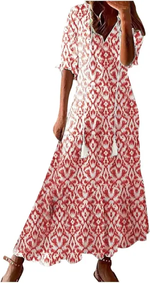 ZWRXW Women Boho Summer Dress Tassel V Neck Ruffle Flowy A-Line Maxi Dresses Short Sleeve Casual Long Dress Beach Vacation