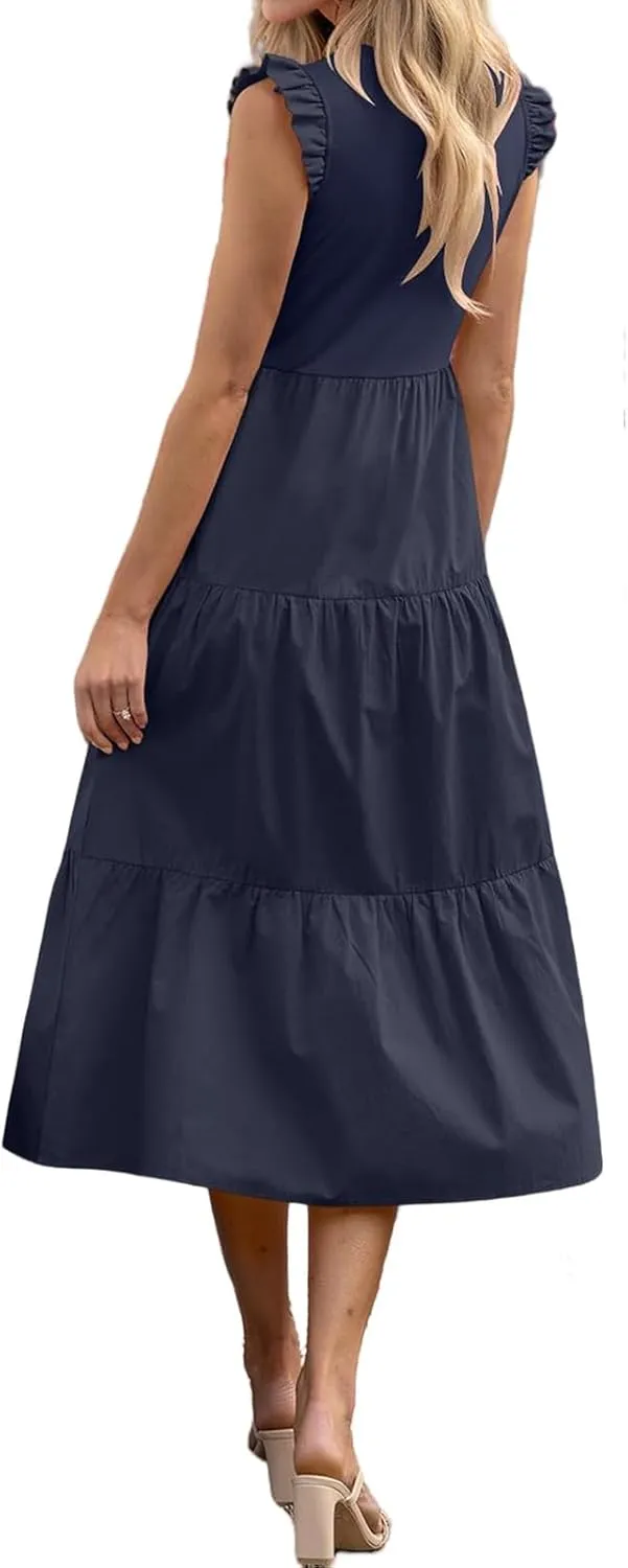 ZWRXW Women's Summer Dresses Casual Flutter Cap Sleeve Dress A-Line Flowy Tiered Beach Midi Dress Trendy Outfits with Pockets
